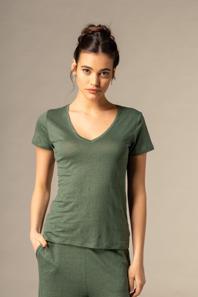 Majestic Filatures |T-shirt scollo a V basica in lino