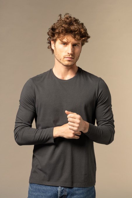 Majestic Filatures | T-shirt grigio scuro girocollo e maniche lunghe in Cotone Organico