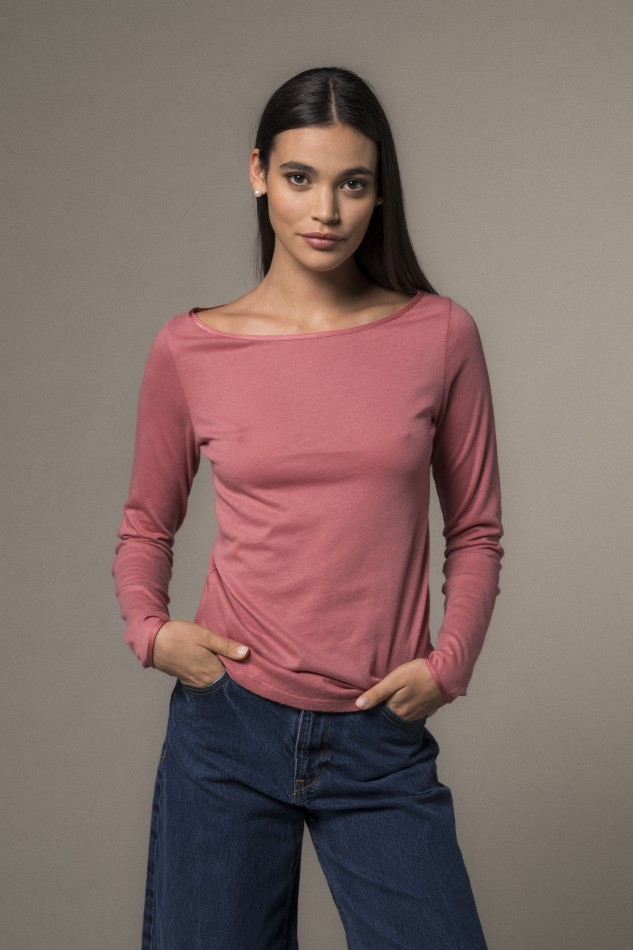 Majestic Filatures | T-shirt scollo a barca e maniche lunghe in cotone e cashmere