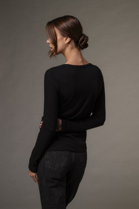 Majestic Filatures | T-shirt girocollo a maniche lunghe in cotone e cashmere nera