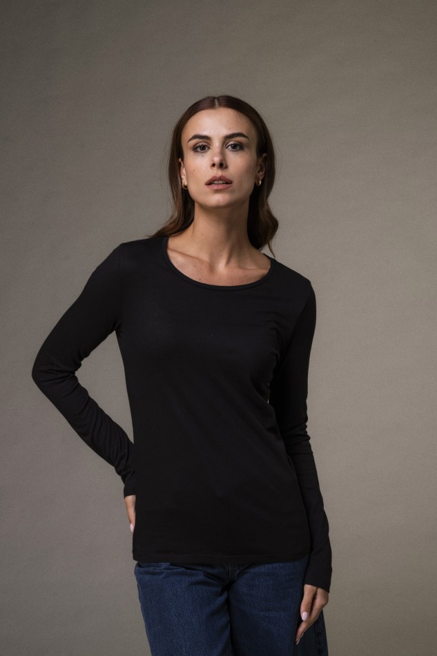 Majestic Filatures | T-shirt girocollo a maniche lunghe in cotone e cashmere nera 2