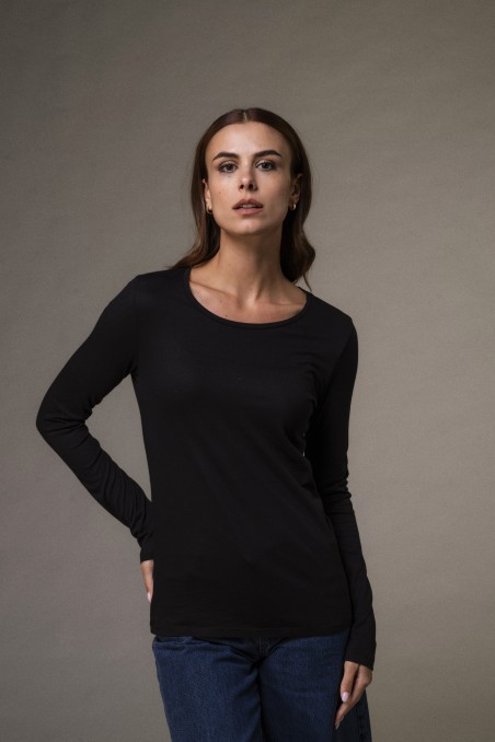 Majestic Filatures | T-shirt girocollo a maniche lunghe in cotone e cashmere nera