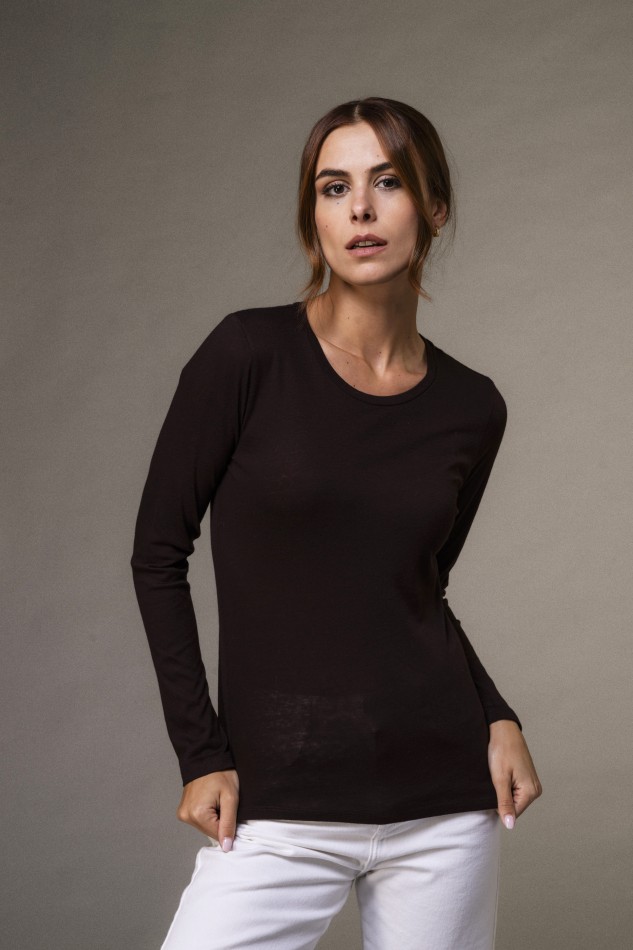 Majestic Filatures | T-shirt girocollo a maniche lunghe in cotone e cashmere nera 2