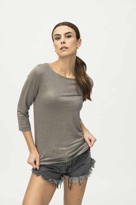 Majestic Filatures | T-shirt scollo a barchetta e maniche a 3/4 in lino