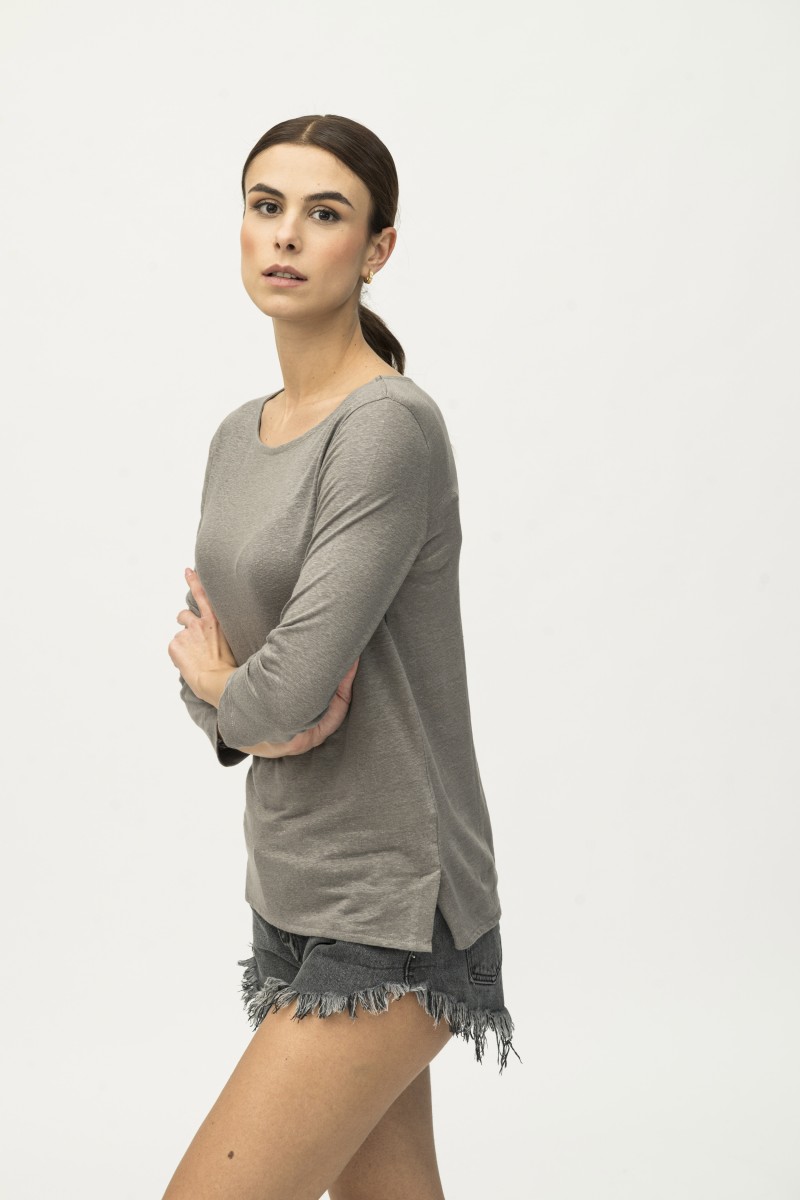 Majestic Filatures | T-shirt scollo a barchetta e maniche a 3/4 in lino