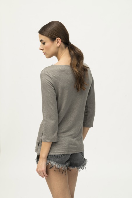 Majestic Filatures | T-shirt scollo a barchetta e maniche a 3/4 in lino