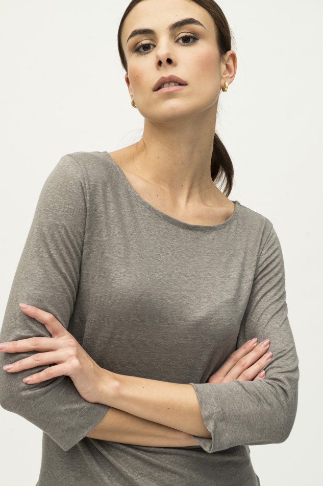 Majestic Filatures | T-shirt scollo a barchetta e maniche a 3/4 in lino