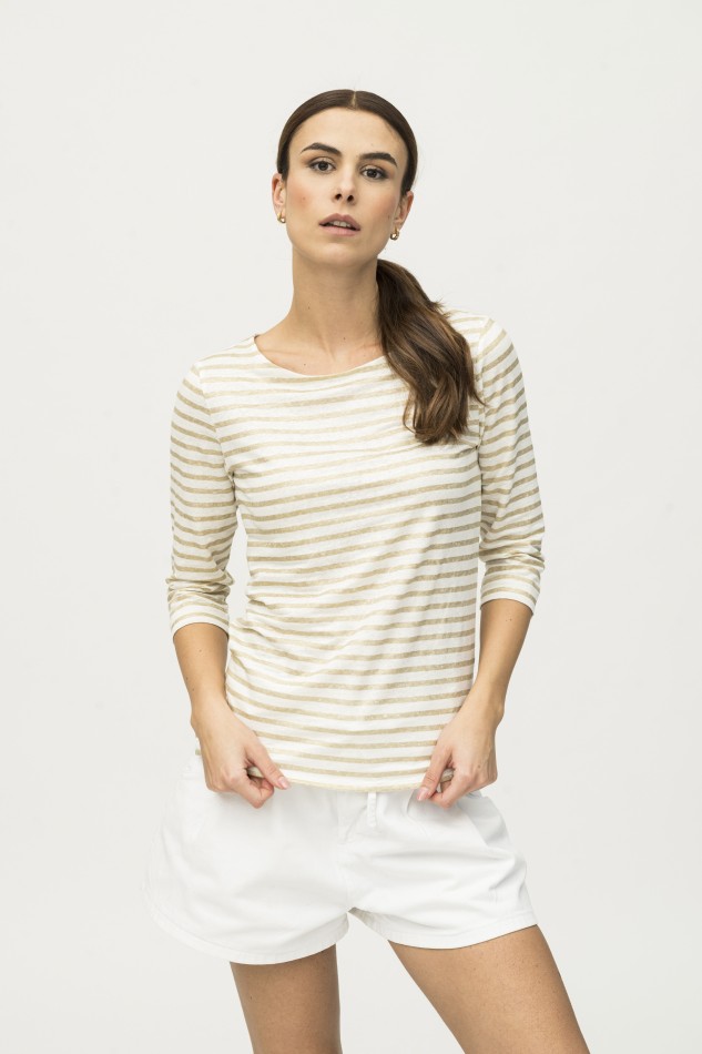 Majestic Filatures | T-shirt scollo a barchetta in lino rigato