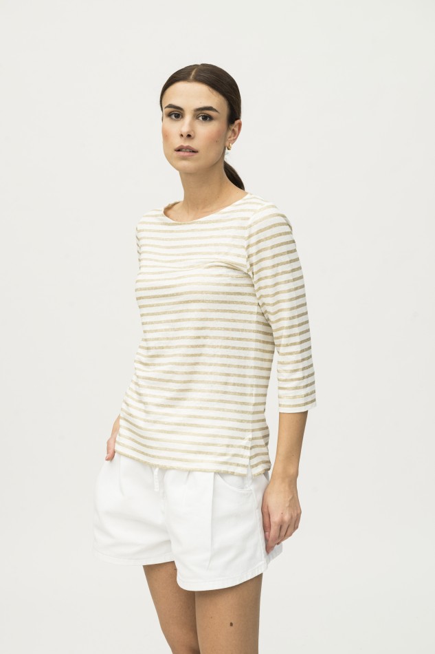 Majestic Filatures | T-shirt scollo a barchetta in lino rigato 2