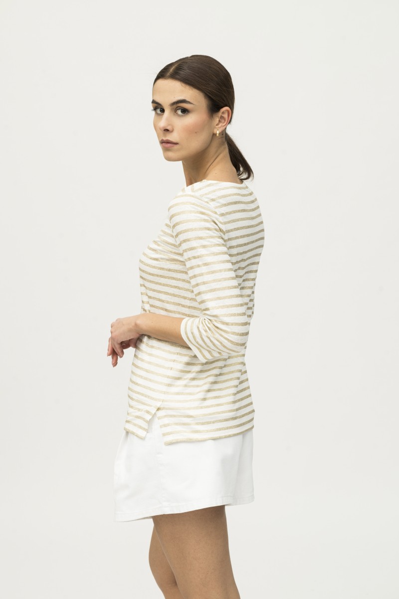 Majestic Filatures | T-shirt scollo a barchetta in lino rigato