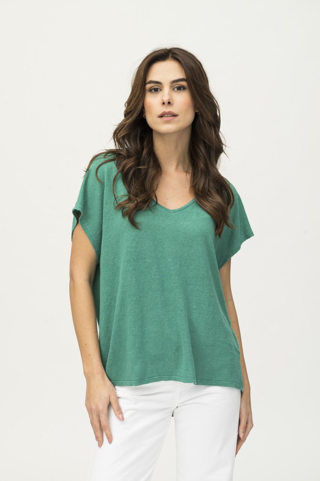 Majestic Filatures | T-shirt scollo a V in lino tinto in capo