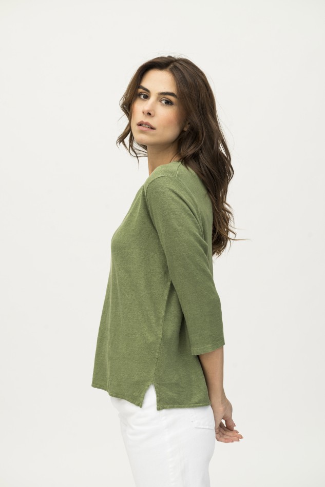 Majestic Filatures | T-shirt maniche 3/4 in lino tinto in capo