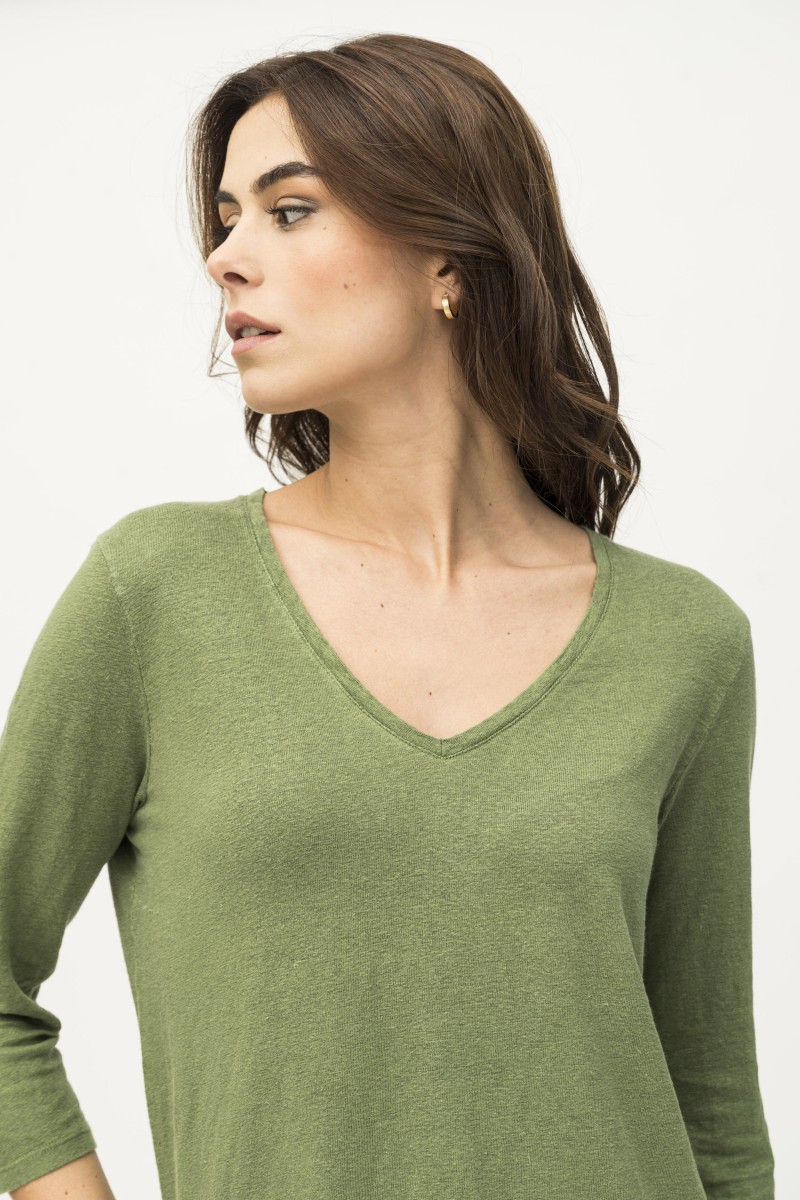 Majestic Filatures | T-shirt maniche 3/4 in lino tinto in capo