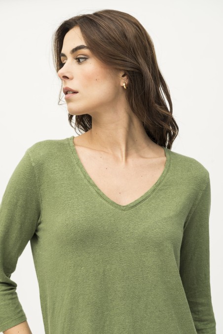 Majestic Filatures | T-shirt maniche 3/4 in lino tinto in capo