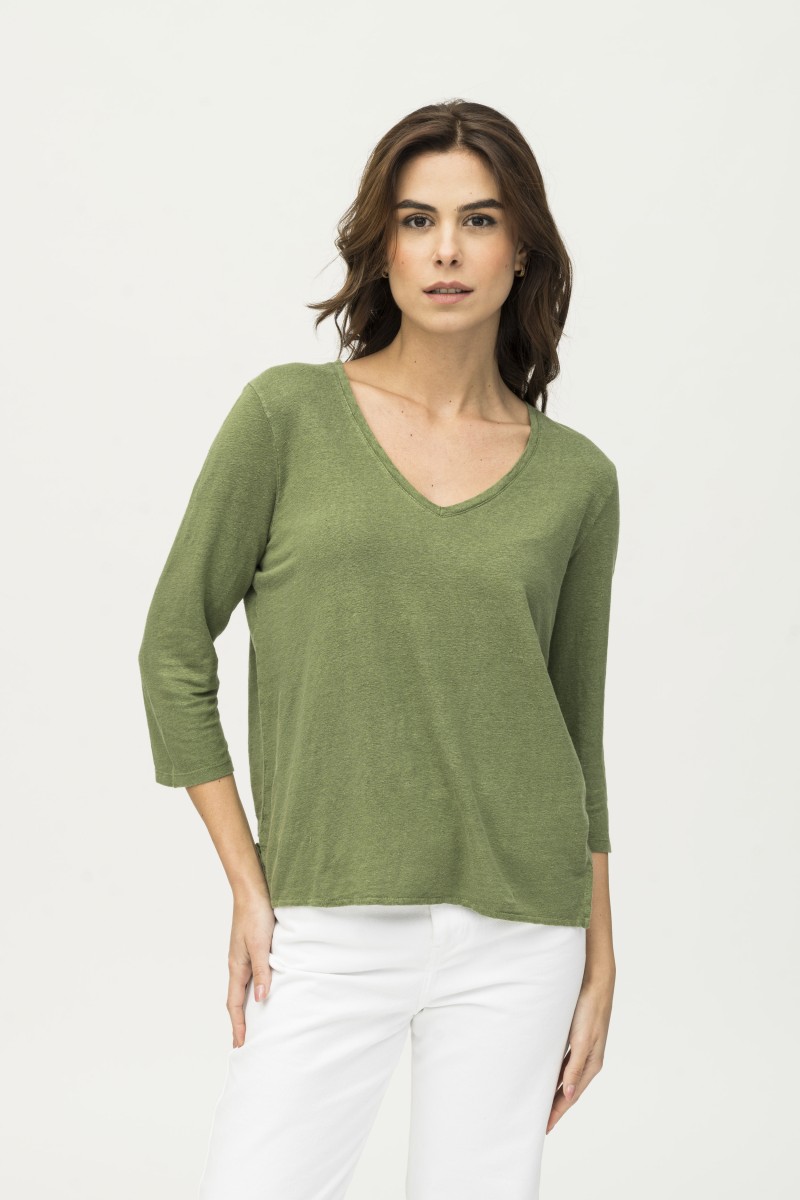 Majestic Filatures | T-shirt maniche 3/4 in lino tinto in capo