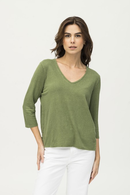 Majestic Filatures | T-shirt maniche 3/4 in lino tinto in capo