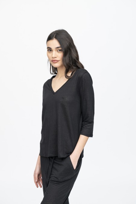 Majestic Filatures | T-shirt scollo a V e maniche a ¾ in lino