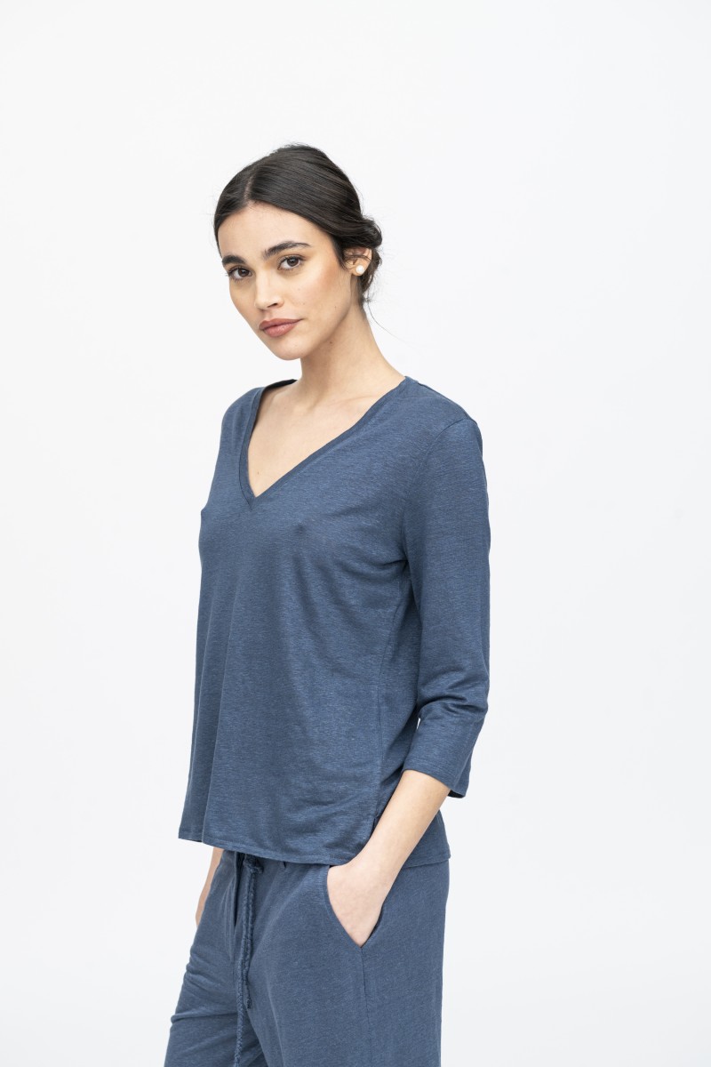 Majestic Filatures | T-shirt scollo a V e maniche a ¾ in lino