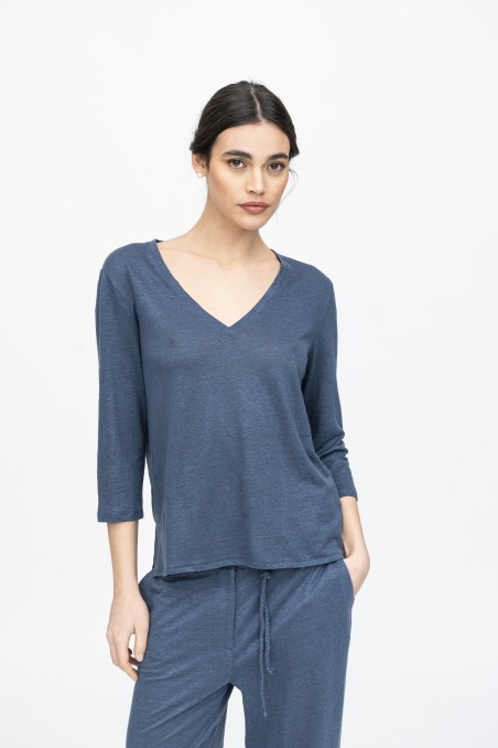 Majestic Filatures | T-shirt scollo a V e maniche a ¾ in lino