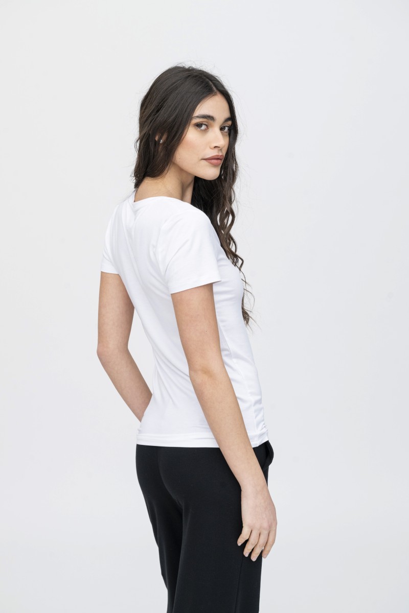 Majestic Filatures | T-shirt  bianca scollo a V maniche corte