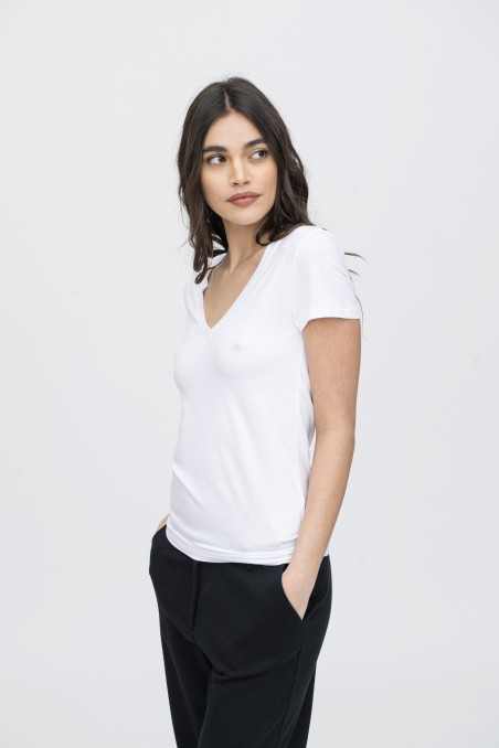 Majestic Filatures | T-shirt  bianca scollo a V maniche corte