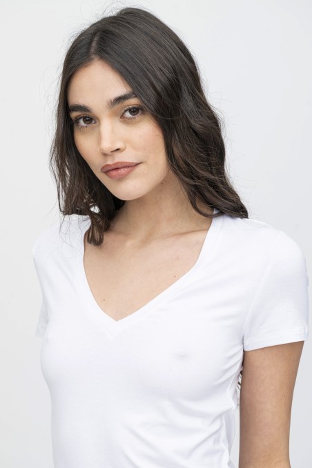 Majestic Filatures | T-shirt  bianca scollo a V maniche corte