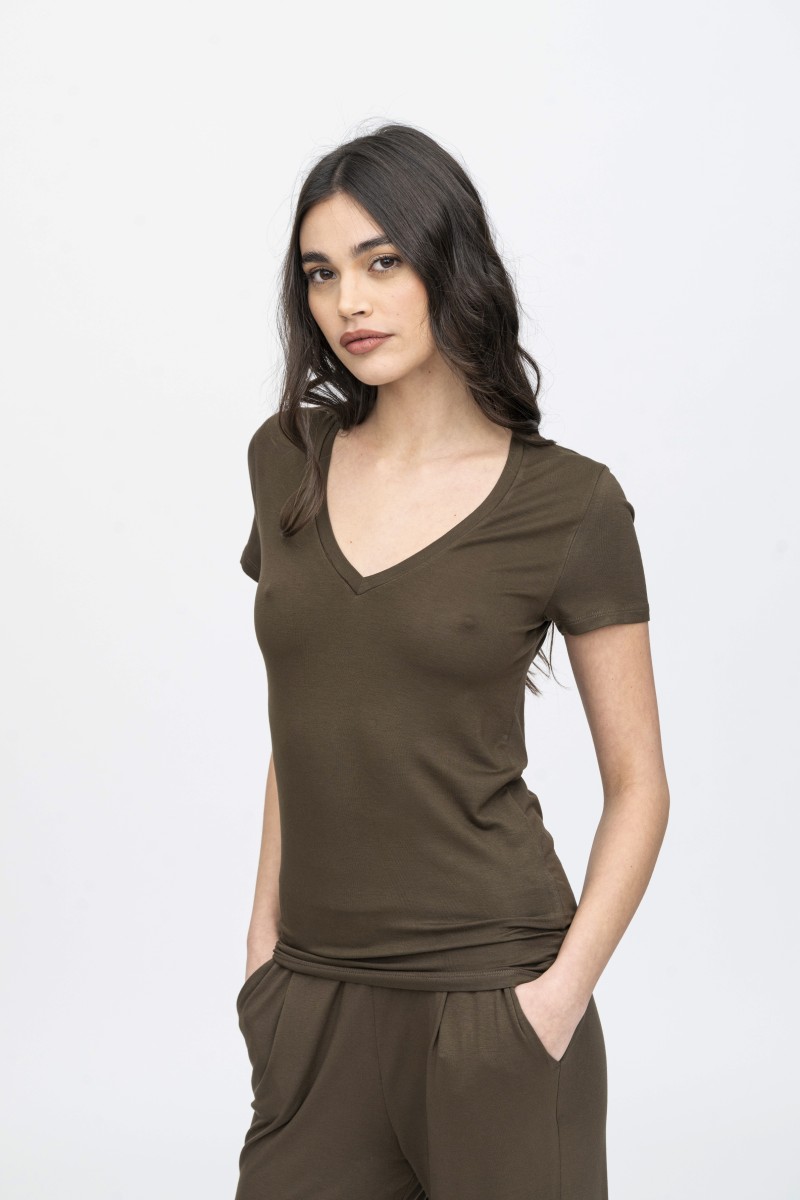 Majestic Filatures | T-shirt  bianca scollo a V maniche corte