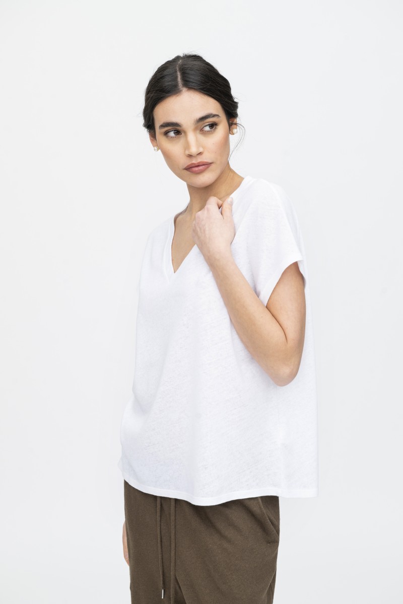 Majestic Filatures | T-shirt scollo a V in lino e cotone