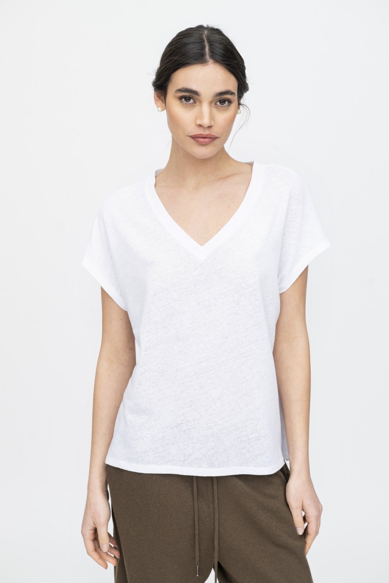 Majestic Filatures | T-shirt scollo a V in lino e cotone