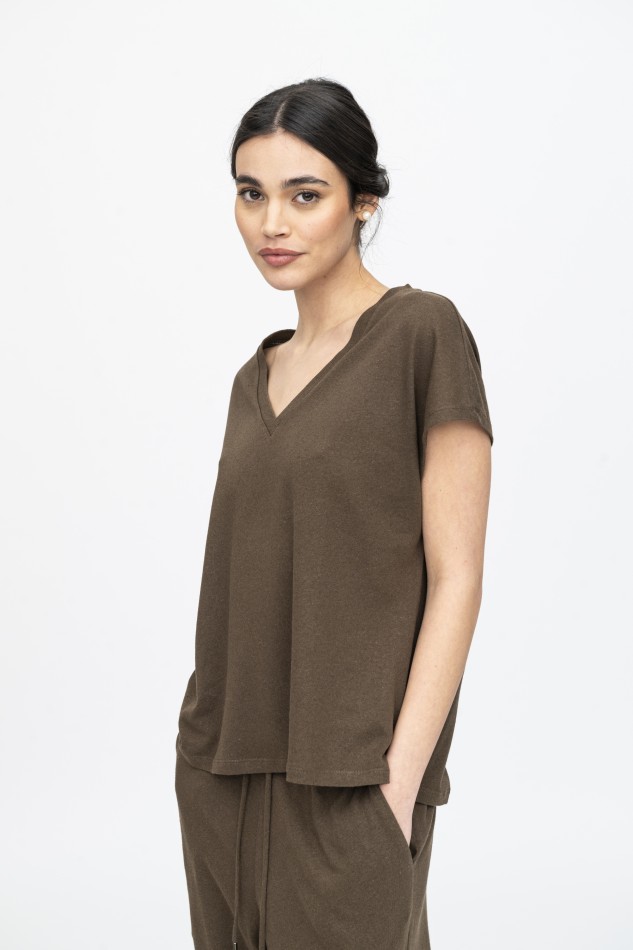 Majestic Filatures | T-shirt scollo a V in lino e cotone 2