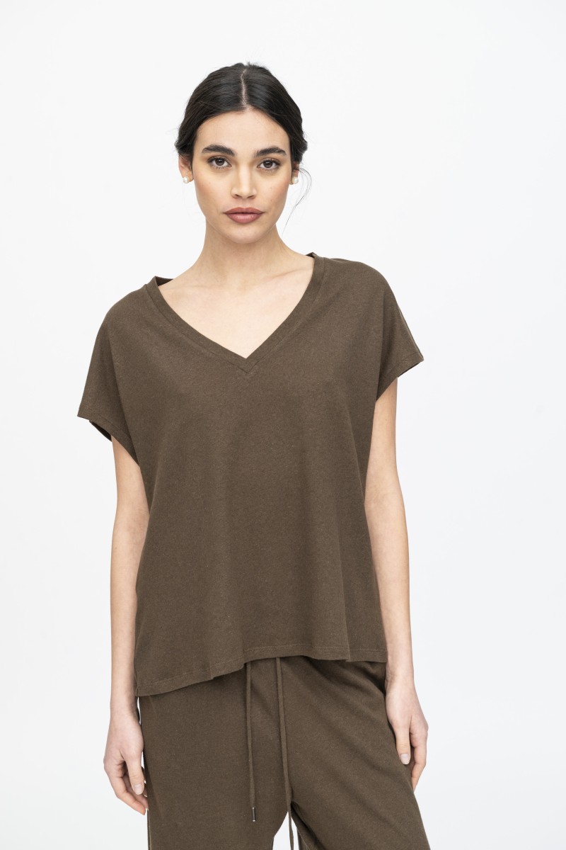 Majestic Filatures | T-shirt scollo a V in lino e cotone