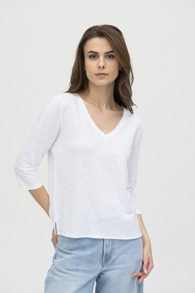 Majestic Filatures | T-shirt scollo a V e maniche a ¾ in lino 2