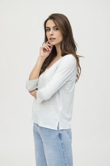 Majestic Filatures | T-shirt scollo a V e maniche a ¾ in lino