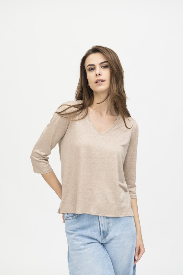 Majestic Filatures | T-shirt scollo a V e maniche a ¾ in lino 2