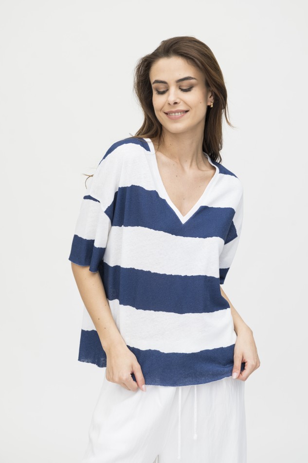 Majestic Filatures | T-shirt manica corta con scollo a V a righe