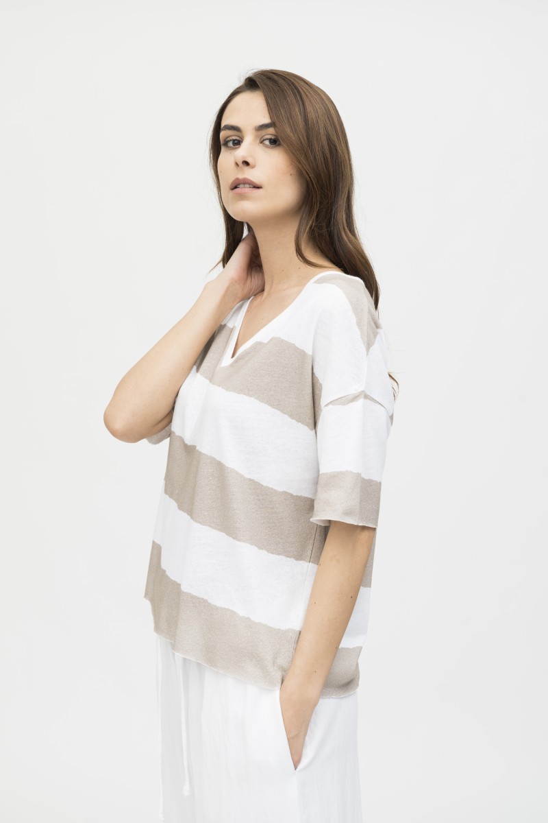 Majestic Filatures | T-shirt manica corta con scollo a V a righe