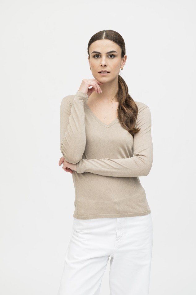 Majestic Filatures | T-shirt scollo a V in cotone e cashmere