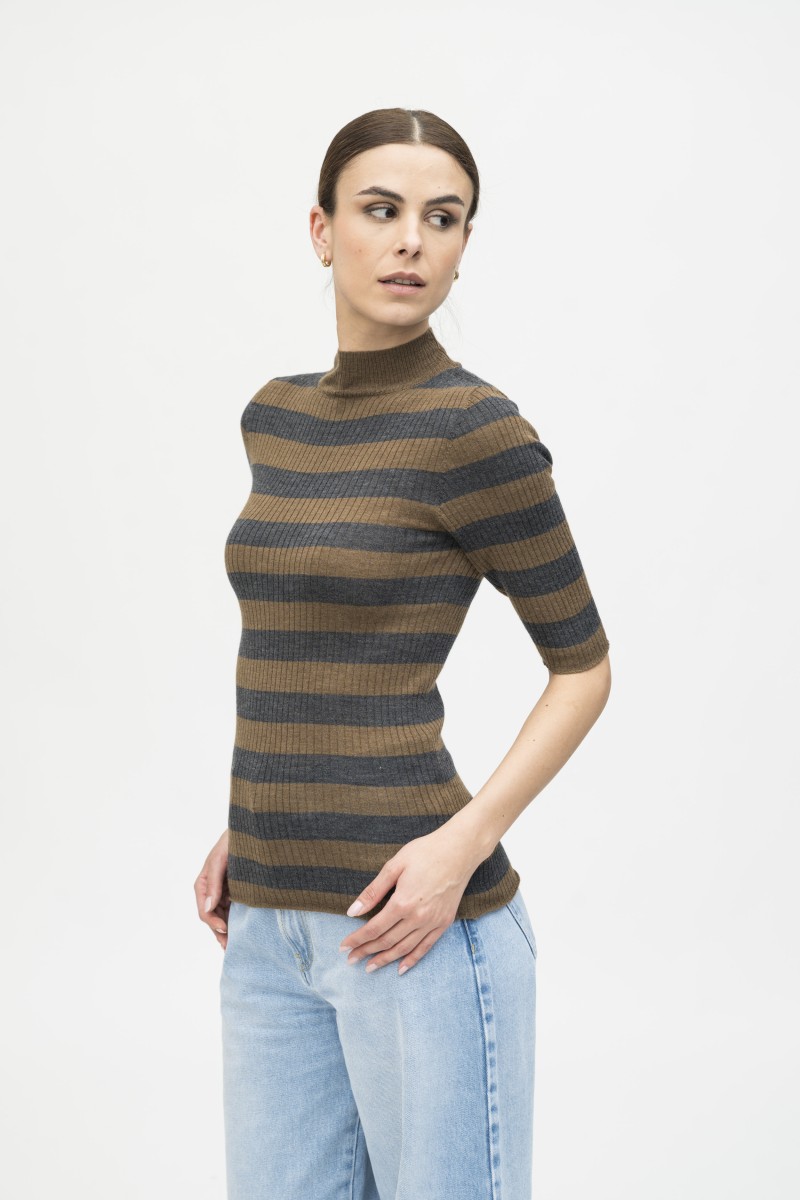 Majestic Filatures | Maglia dolcevita maniche al gomito a costine rigata