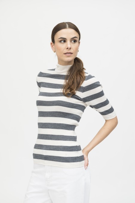 Majestic Filatures | Maglia dolcevita maniche al gomito a costine rigata