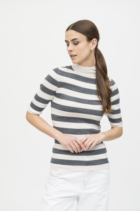 Majestic Filatures | Maglia dolcevita maniche al gomito a costine rigata