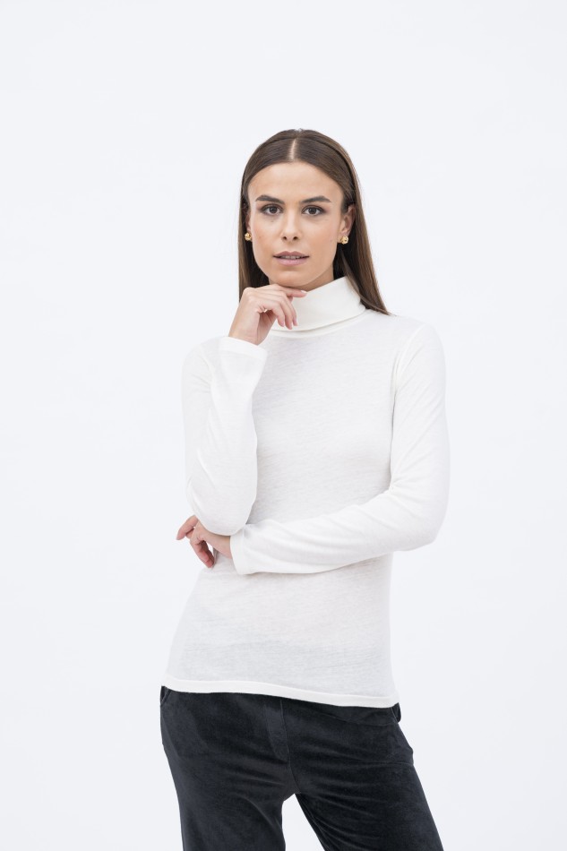 Majestic Filatures | T-shirt dolcevita nera a maniche lunghe in cotone e cashmere
