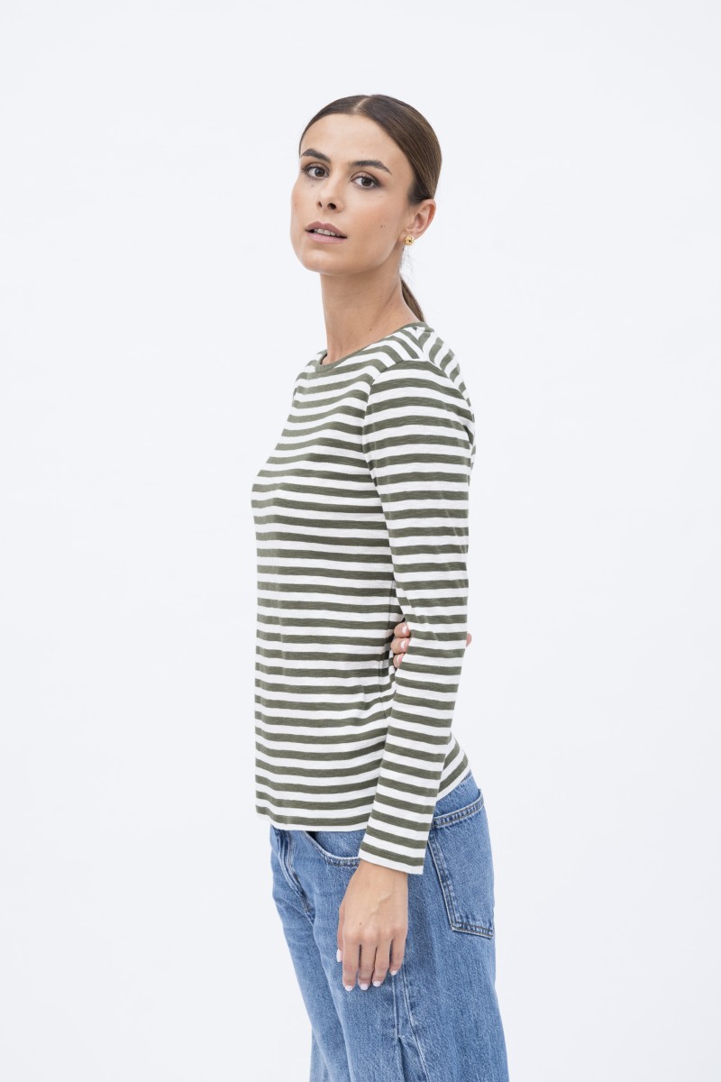 T-shirt a righe in cotone fiammato