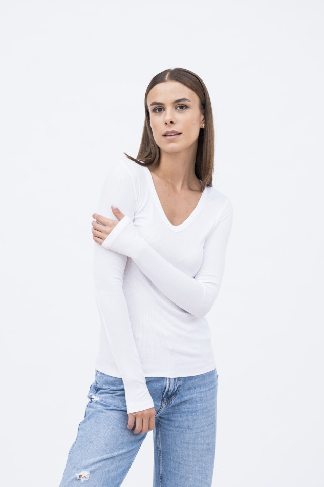 Majestic Filatures | T-shirt in viscosa a costine con scollo a V