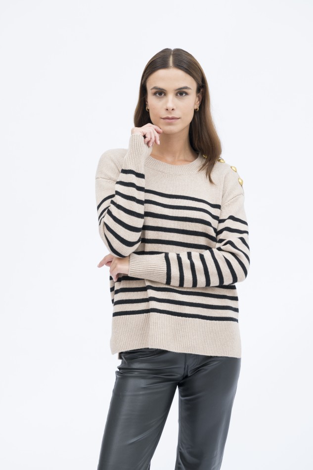Majestic Filatures | Pullover girocollo in lana e cashmere righe