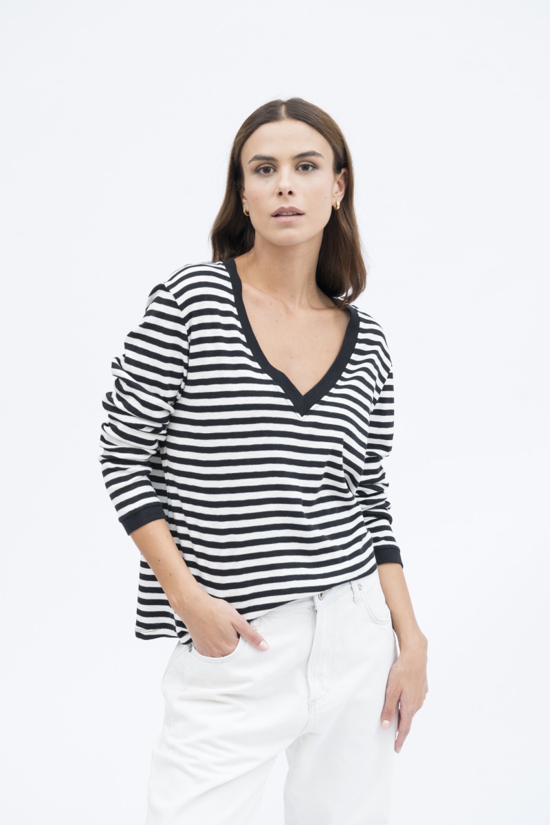 T-Shirt maniche lunghe scollo a V in cotone organico