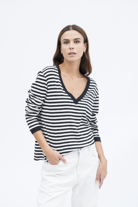 T-Shirt maniche lunghe scollo a V in cotone organico