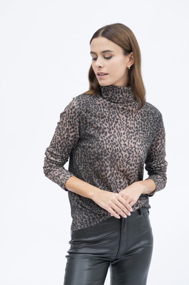 Majestic Filatures | T-shirt dolcevita in cotone e cashmere animalier