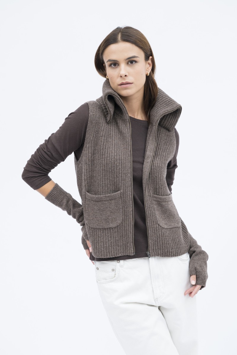 Majestic Filatures | Gilet con collo alto e zip in 100% lana merinos
