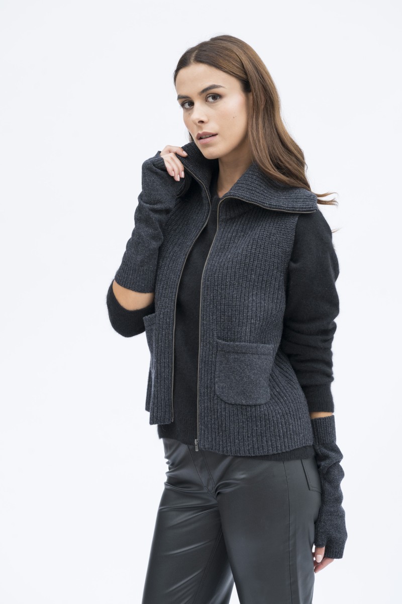 Majestic Filatures | Gilet con collo alto e zip in 100% lana merinos