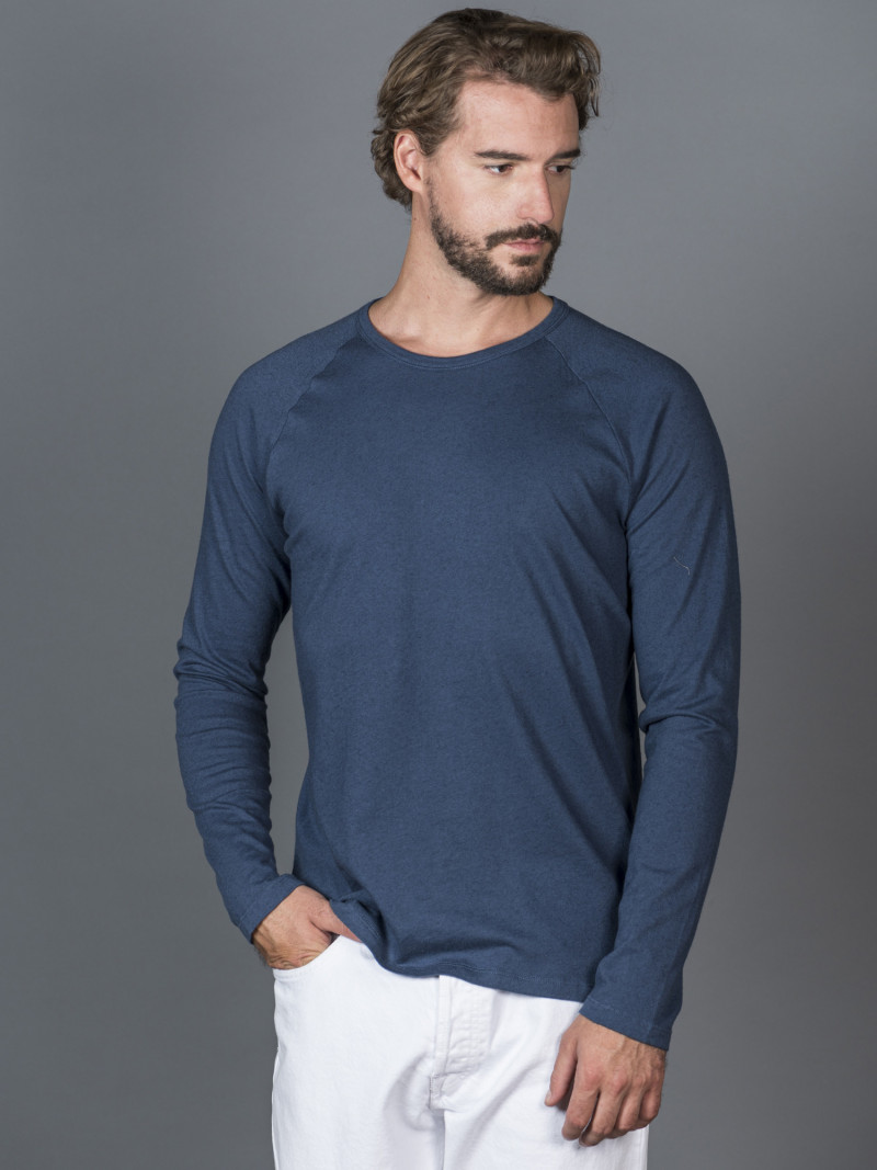 T-shirt blu uomo girocollo con manica lunga in cotone e cashmere